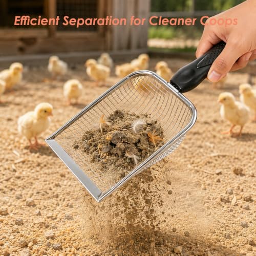 Chicken Coop Poop Scooper 2 Pack, Stainless Steel Sifting Shovels | 3.8mm & 5mm Mesh Sand Sifting Litter Shovel Tool for Chicken Coops Sand, Cat Litter and Bedding Cleaning, 2 adhesive hooks
