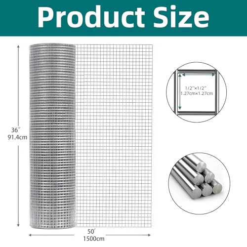 Hardware Cloth 1/2 Inch 19 Gauge 36in X 50ft Chicken Wire Fencing | Galvanized Welded Wire Mesh, Snake Gopher Barrier Garden Fencing Rabbit Cage Netting - size: 1/2 inch 36inx50ft