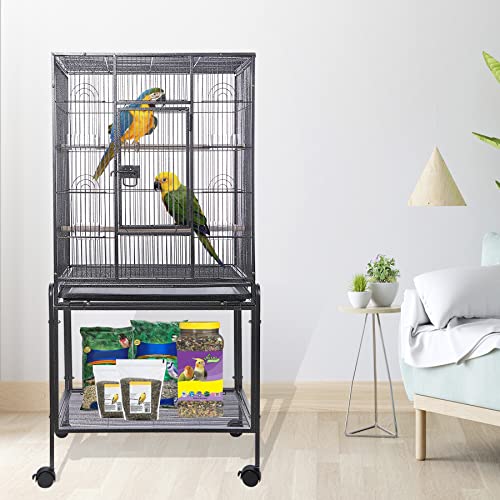 HSM 53 Inch Wrought Iron Large Bird Flight Cage with Rolling Stand | Bird Flight Cage Casters, Slide-out Tray for African Grey Parrot Parakeets Canaries Parrot Cockatiels Lovebirds Conures