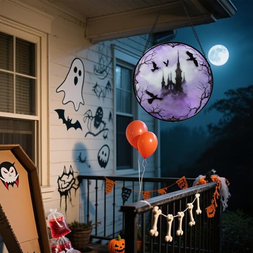 Stained Glass Window Hanging - Halloween Gothic Castle Purple Smoke Suncatcher for Doors Garden Home Spooky Crow Sun Catchers Gothic Decor Horror Gift for Women Men Friend Boy Girl 11.8 in - color: Purple and Black, size: 11.8x11.8 IN