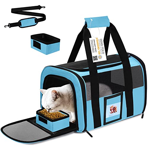 17" Soft Cat Carrier with Shoulder Strap for Travel-Blue | TSA compliant fits under seat, soft-sided lightweight, breathable, top/side entry with zippers,collapsible food bowl - color: Blue
