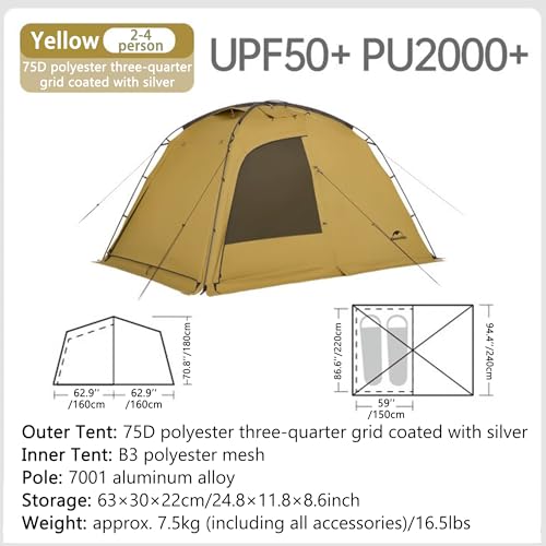 Naturehike Dune Hot Tent with Stove Jack, 117 sq ft 4 Seasons Camping Tent, 2-4 Person Waterproof Large Tent for Family, Car Camping, Picnic, Fishing, 6 Person - color: Dune7.6-Tent