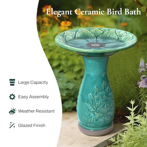 LuxenHome 23" Ceramic Bird Bath for Outside, Jade Green Outdoor Bird Bath | Lightweight Pedestal Glazed Birdbaths for Outdoors with Floral Embossed Design, Elegant Tall Outdoor Birdbath - color: Jade Green