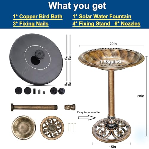 Bird Bath with Solar Fountain, 20in Copper Bowls for Outdoors Garden Yard | 100% Solar Auto-start Pump, 6 Spray Nozzles, Rustproof Plastic, Holds 1.58gal Water, Attracts Birds & Butterflies, 28in Tall - color: Copper Bird Bath