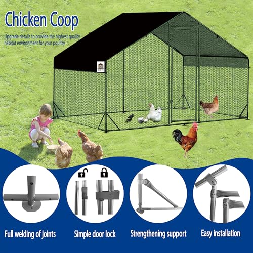 Chicken Runs for Yard with Cover, Metal Chicken Coop, Upgraded Anti-UV 180g/㎡ PE Cloth & 1.1mm Thickened PVC-Coated Hexagonal Chicken Wire Mesh & More Galvanized Steel Standpipes, 6.6×9.8×6.4FT - size: 78.0"L x 118.0"W x 77.0"H