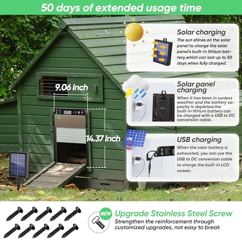 Automatic Chicken Coop Door Solar Powered, Anti-Trap Chicken Door with LCD Screen, Light Sensor, Timer, Remote Control, Anti-Pinch Design,for Chicken, Duck, Goose Farms