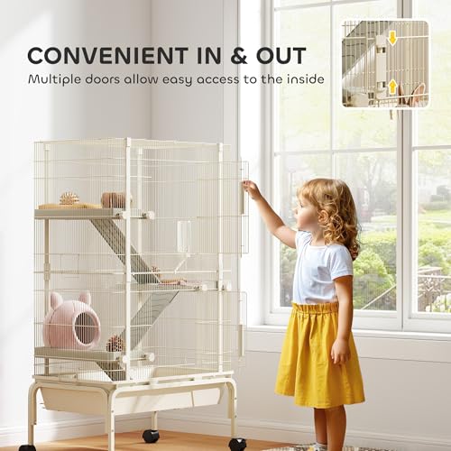 PawHut 47" Small Animal Cage, 4 Levels Large Rolling for Syrian Beige | Metal Ferret Chinchilla Rabbit Cage, 5.9" Deep Tray, 3 Ramps, Water Bottle, Food Dish, Squirrel