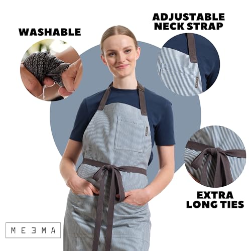 Chef Aprons for Women with Pockets, Adjustable Bib Aprons for Cooking - color: Blue Pinstriped