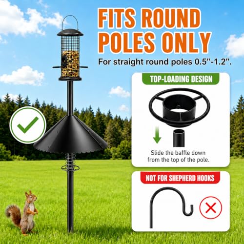 Upgrade Metal Squirrel Baffle for Bird Feeder Round Pole, for 0.5-1.2" Pole | 18 Inch Wide Heavy-Duty, Weatherproof & Chew-Proof Squirrel Deterrent, Bird House Guard for Outdoor