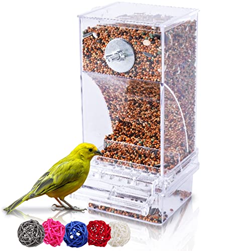 Hamiledyi Automatic Parrot Feeder for Lovebirds, Transparent Seed Container, Acrylic Cage Accessories, No Mess Food Dispenser for Small and Medium Birds - color: Transparent + Ball