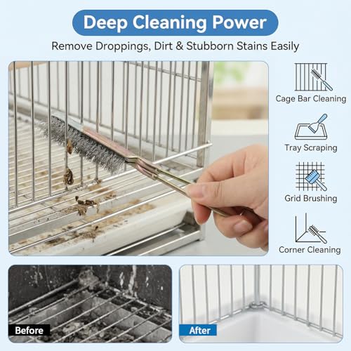 Bird Cage Cleaning Brush Kit, Bird Poop Remover Cleaning Tools Accessories for Small,Medium,Large,Tall, 4-Piece Multi Function Bird Perch Set, Includes Perch Brush, Mesh Brush and 3-in-1 Wire Brush