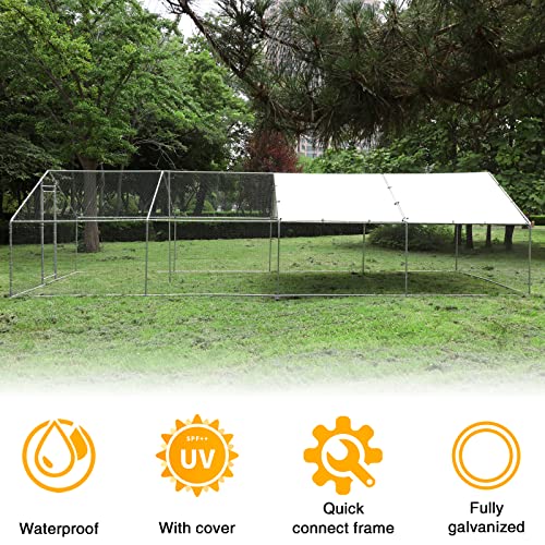 NUGRIART Extra Large Metal Chicken Coop Walk-in Poultry Cage Hen Duck Run House with Waterproof & Anti-UV Cover Galvanized Rabbits Habitat Spire Shaped Cage for Outdoor Yard Farm Use - size: 26.2' L x 9.8' W x 6.56' H