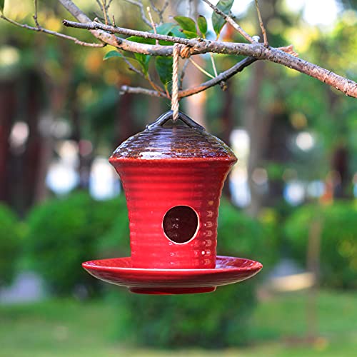 Kimdio Birdhouse Ceramic Hanging Birdhouses Bird Hut Hanging Multi-Function Outdoor Bird Feeders for Wild Birds, Finch, Cardinal, and Bluebird - Red - color: c - Red bird feeder