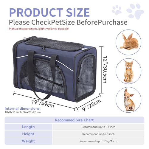 Petsfit Airline Approved Pet Carrier for Small Dogs & Cats, 19x9x12 TSA Approved Carrier, with Removable Dual-Sided Padding (2-Way Placement) - Fits Under Most Airplane Seats, Escape Proof (Navy) - color: Navy, size: 19.0"L x 9.0"W x 12.0"H