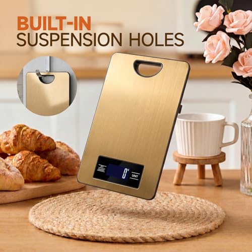 Food Scale, Digital Kitchen Scale with Hanging Loop, 11lb Baking Scale | 1g Accuracy, g/oz,etc.5 Unit Conversion, Tare Function, Fingerprint-Resistant Steel, Suitable for Cooking, Baking ,Meal Prep - color: Champagne gold