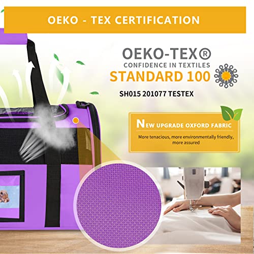 17" Airline Approved Cat Carrier for Cats up to 15lbs, Purple | TSA compliant fits under seat, soft-sided lightweight, 4-side breathable mesh,collapsible food bowl for travel - color: Purple