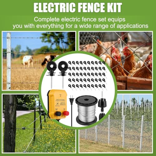 Electric Fence Charger Set 2 Mile 110VAC 0.15 Joule Electric Plug in Fence to Contain Chickens Pet Poultry 50 Black Insulator and 1 Socket Tool 250ft Aluminum Wire for Garden Pond Protection - style: 0.15 Joule