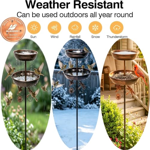 2-in-1 Bird Bath Feeder Set Antique Bronze with Copper Disk | Dual trays, heavy-duty metal, rustproof, hummingbird decor, ground stake, tool-free, vintage style