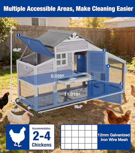 Mobile Chicken Coop with Run, Large Wooden Chicken House with Wheels, Duplex Hen House with Nesting Box, Slide-Out Tray, Waterproof Roof, Accommodates 2-4 Chickens - Grey - color: 73.4“L Light Grey