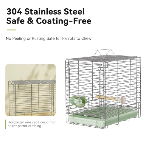 Bird Carrier Travel Cage - 304 Stainless Steel Portable Folding Bird Travel Cage with Parrot Feeder Cups & Standing Perch for Smaller Birds Conures Lovebird Cockatiel Parakeets (Green) | Easy install, includes carry bag. Rustproof, chew-safe, folds flat.