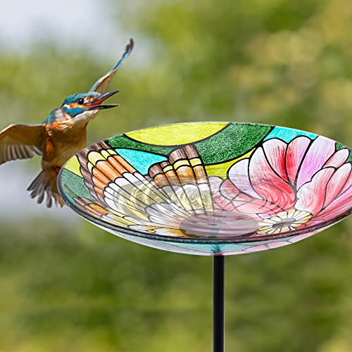 Glass Bird Baths for Outdoors, Feeder Birdbath Bowl for Garden Decor | 25 Inch Height Glass Bird Bath for Outside, Butterfly Birdbaths Bowl with Metal Stake, Bird Feeders for Patio, Lawn Decor - color: Butterfly