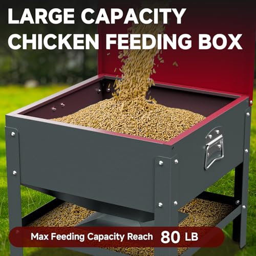 Automatic Chicken and Duck Feeder, 80 LBS Capacity Metal Chicken Feeder, Weatherproof Outdoor Gravity Feeding Barrel, No-Waste Feeder for Backyard Flock (Red) - color: Red