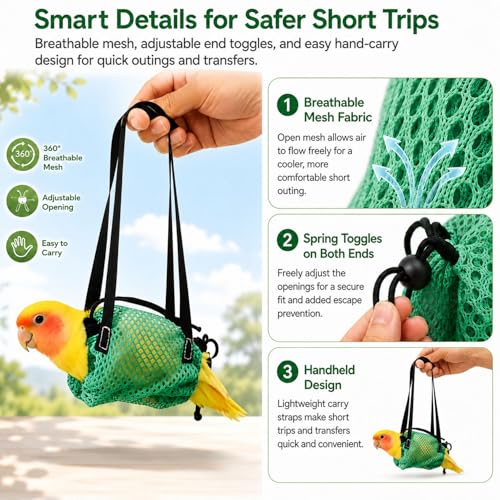 2PCS Portable Bird Carrier Bag,Comfortable Fit Parrot Travel Pouch with Adjustable Neck Opening,Breathable Mesh Anti-Escape Carrier for Birds,Conures,Lovebirds,Cockatiels,Budgies (M) - size: M