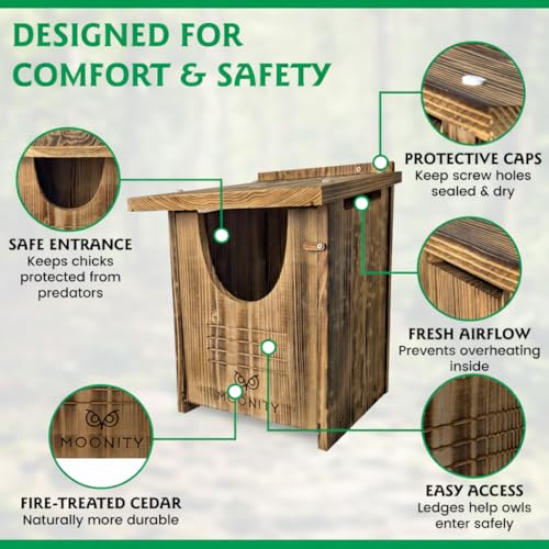 MOONITY Fire-Treated Cedar Owl House Bundle – 16"x12"x12" & 14"x9"x9" Nesting Box Set for Barn, Screech, Kestrel & More – Weatherproof, Predator-Safe & Easy to Install