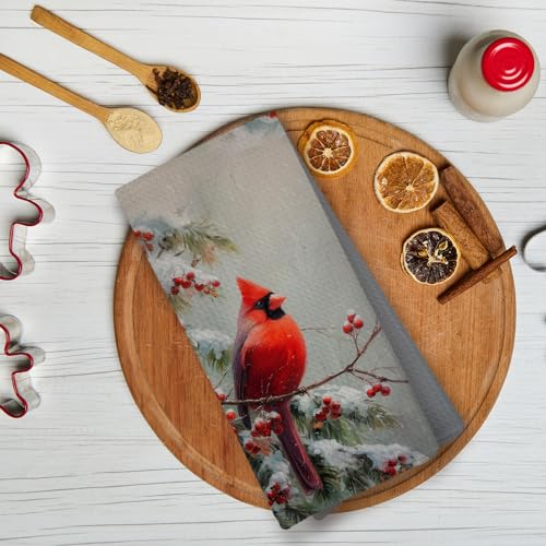 Winter Christmas Cardinal Snowy Woodland Kitchen Hand Towels,Red Bird Holly Berries Dish Towels for Kitchen Home,Vintage Rustic Winter Hand Towel Decorative Set for 2 - color: Color-16