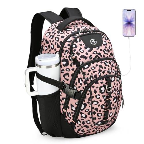 Swissdigital Laptop Backpack with USB Charging Port, Travel Backpack Fits 15.6 inches Computer, 31L Backpack for Women, Pink Leopard | SD803-102 - color: Pink Leopard