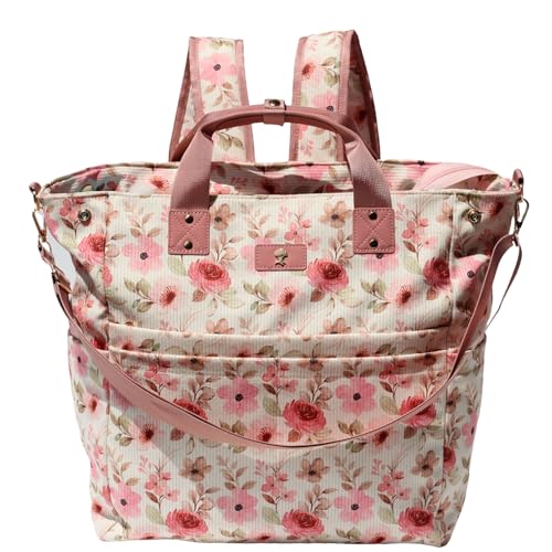 Diaper Tote Bag Totepack Backpack Crossbody Bag 3 in 1 for Women Laptop Backpack Multifunctional with Insulated Pockets - color: Corduroy Pink Flower