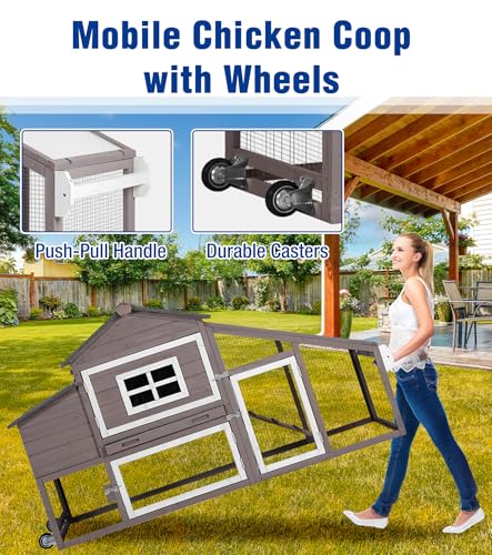 Mobile Chicken Coop with Wheels, Duplex Outdoor Chicken House with Expandable Run, Slide-Out Tray, Weatherproof Roof, Predator-Proof Hen House - Brown - color: 72.3"L Brown