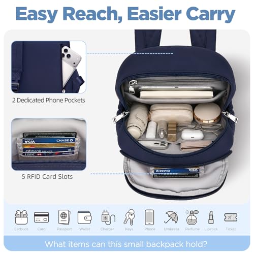 Mini Backpack for Women, Anti Theft RFID Small Travel Backpack | Compact Backpack with Built-in RFID Wallet(5 Slots) & Coin Purse, 10-Pocket Fits 11" Tablet, Puffer Nylon, Daily & Work - color: Navy Blue