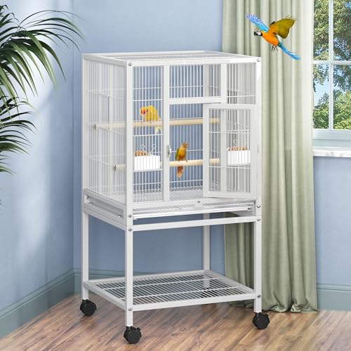 DWVO 41-inch Metal Bird Cage: Large Parrot Cages with Rolling Stand - Features Tray, Food Boxes & Wooden Perches for Parakeets, Lovebirds, Cockatiels, Finches and Pigeons, White - color: White, size: 19.0"L x 18.1"W x 40.5"H