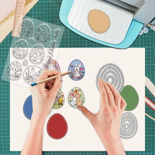 GLOBLELAND Happy Easter Bunny Eggs Clear Stamps and Metal Die Cuts Rabbit Egg Transparent Stamp Egg Frame Cutting Dies for Card Making Embossing Scrapbooking - style: Easter Bunny Egg