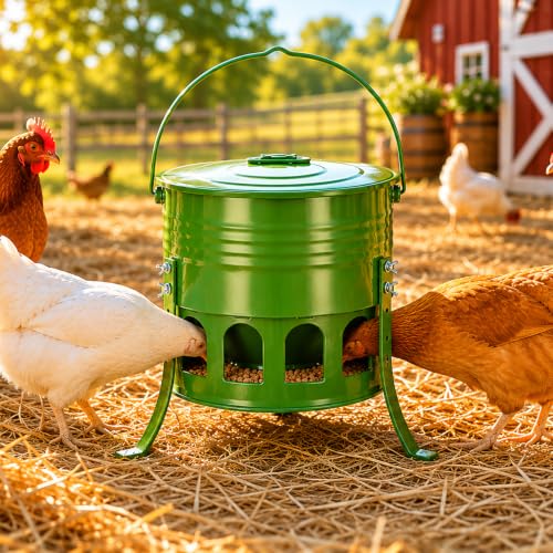 Tgeyd Metal Bucket Chicken Feeder, 20LB Large Capacity Poultry Feeder with 12 Feeding Ports & Dual-Cone No-Waste Design, Adjustable Height & Foldable for Storage, Rust-Proof for Chickens, Ducks, Quail | Organometallic coating