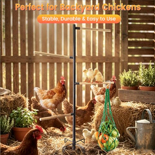 Chicken Perch Stand for Coop, 55 in Heavy Duty Poultry Roosting Stand with 5-Leg Ground Stake Base, 4 Wooden Perches, Outdoor Chicken Roost Stand for Hens & Chicks