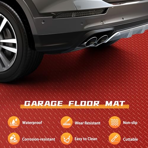 2.5mm Thickened 5Ft x 12Ft Garage Floor Mat Rubber Flooring Roll, Red | 60sqft Diamond Plate PVC Rubber & Vinyl Flooring Roll, Non-Slip Floor Protector Mat for Garage Warehouse Basement Trailer - size: 5Ft x 12Ft--Red