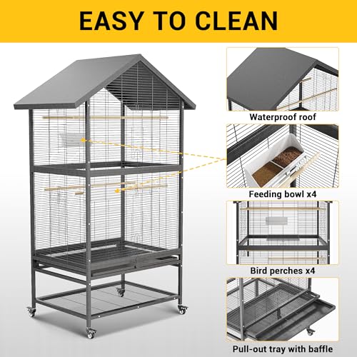 65.7 Inch Wrought Steel Bird Cage with Pull-Out Tray/Lock,Large Flight Cage with Feeding Bowl/Stand/360° Swivel Casters for Cockatiels, Greys, Parakeets, Budgies, Conures, Pigeons, Canaries, Lovebirds