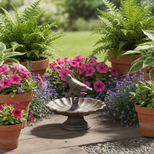 Comfy Hour Bird Bath Bowl, 6 Inch Cast Iron Mini Pedestal Feeder Dish, Antique Bronze Small Metal Tabletop Accent for Outdoors, Garden Porch and Patio Decor, 1 Unit