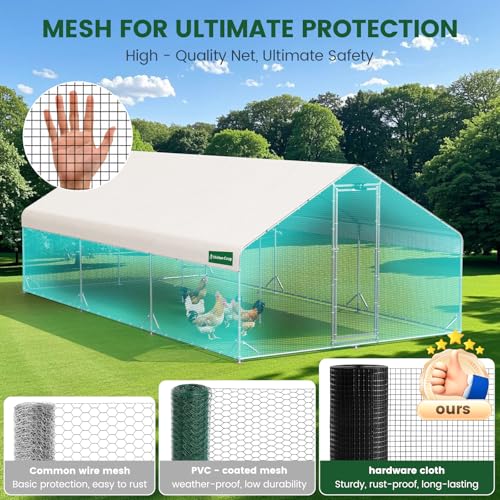 CHIKENCOOP 19.5x9.8x6.5ft Metal Chicken Coop, 3-Room Run, Hardware Cloth | Three-room walk-in run with hardware cloth, full-top waterproof UV-resistant cover, 3-mode solar light, and center perches - size: 234.0"L x 118.0"W x 78.0"H