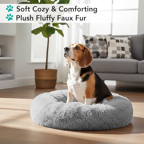 PetAmi Calming Donut Dog Bed, Washable Faux Fur, 30 Inch Medium, Light Grey | Warm Shaggy Faux Fur and A Deep Nest Help Anxious Pets Curl Up and Sleep Soundly. Perfect for Puppies, Cats, and Rescues. - color: Light Gray, size: Medium - 30"