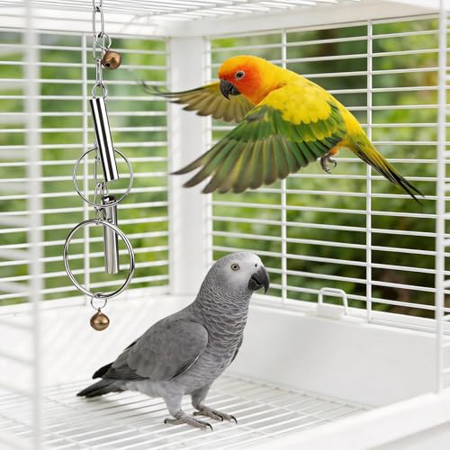 Durable Stainless Steel Bird Bell Toy with Hanging Metal Rings - Heavy Duty Parrot Cage Accessory for Macaws, Cockatoos & Large Birds, Engaging Sound & Chew Resistant Pet Enrichment Toys