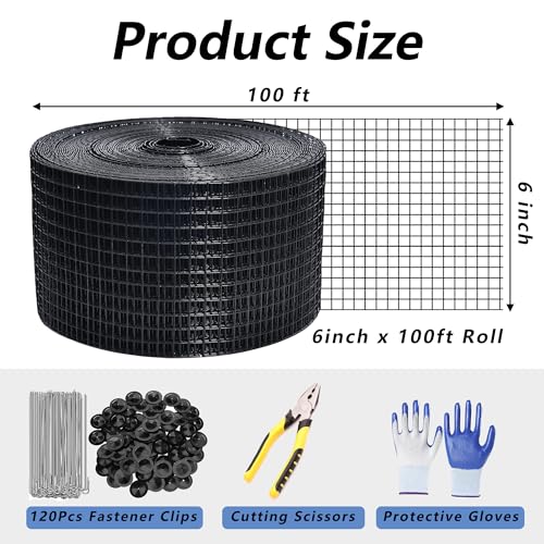 Critter Guard for Solar Panels, 6 in x 100 ft Solar Panel Bird Guard Mesh | 1/2 in PVC-coated solar mesh kit with 120 fasteners, scissors and gloves, black pigeon guard for solar panels - size: 1/2inch x 6in X 100ft