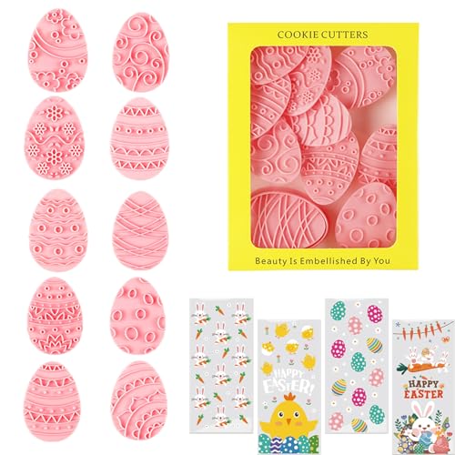 10pcs Easter Eggs Cookie Cutters Stamps Biscuit Baking Tools Embossing Cookie Molds (With 30 Easter bags B) - color: Easter eggs