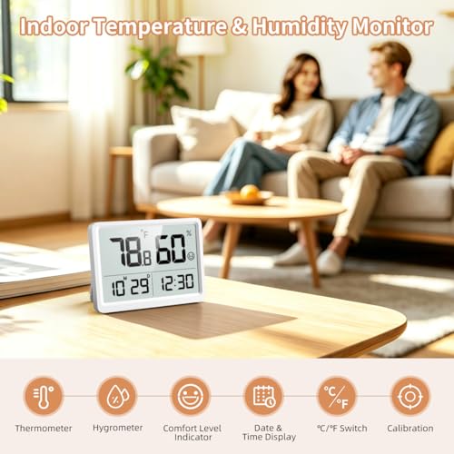 Indoor Thermometer Hygrometer with Clock, Room Temperature Monitor | Calibration, 3.62 LCD, 3-Way Mount, 10s Refresh, Date Display, Comfort, Baby Room, Greenhouse, Guitar, CR2450 Battery - color: White