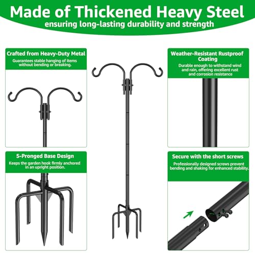 GOFORWILD 2 Pack Adjustable 76inch Double Shepherds Hook for Outdoor | Metal Bird Feeder Pole with 5-Prong Base for Hanging Bird Nest, Plant Basket,Lantern,Solar Light - size: 76 Inch