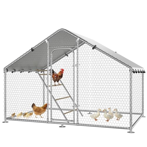 10 x 4.9 x 6.4 FT Metal Chicken Coop, Chicken Run with Cover | Walk-in Metal Chicken Coop, Waterproof Cover, Side Hardware Cloth, Roosting Perch, reinforced frame, Backyard & Farm Use - size: 5x10Ft