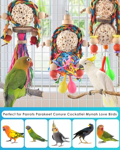 Bissap 3PCS Bird Parrot Foraging Shredder Hanging Toys Sola Balls with Sand Hammer for Small Parrots Parakeets Conures Cockatiels Love Birds Cage Toy - size: 3 PCS