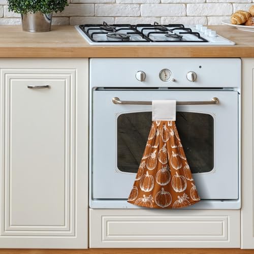 2 Pcs Fall Pumpkin Hanging Kitchen Towels Autumn Thanksgiving Hand Towels with Hanging Loop Burnt Orange White Pumpkins Dish Towels Soft Absorbent Bath Tie Towel for Bathroom Decor - color: Fall Pumpkin-a-a